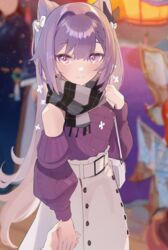  blush breasts casual cone_hair_bun female genshin_impact grey_scarf hair_bun highres keqing_(genshin_impact) keqing_(lantern_rite)_(genshin_impact) lempika long_hair long_sleeves looking_at_viewer medium_breasts off-shoulder_sweater off_shoulder official_alternate_costume purple_eyes purple_hair purple_sweater scarf smile solo sweater swept_bangs twintails 