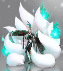  animal_ear_fluff animal_ears aqua_fire beads bell blue_fire breasts cleavage closed_mouth commentary cropped_jacket dress dual_wielding english_commentary feather_fan feather_hair_ornament feathers female fire folding_fan fox_ears fox_girl fox_tail full_body gem glowing glowing_tattoo green_eyes green_fire green_footwear green_gemstone green_lips grey_background grey_jacket hair_beads hair_bell hair_ornament half-closed_eyes hand_fan hand_up high-low_skirt high_heels highres hitodama holding holding_fan jacket jingle_bell kitsune lantern large_tail leg_tattoo long_hair long_sleeves looking_at_viewer motion_blur multiple_tails original peacock_feathers reflection reflective_floor shan_yang side_slit simple_background snowing solo standing tail tassel tattoo very_long_hair 