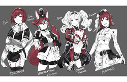  4girls :d animal_ears bad_id bad_twitter_id belt belt_buckle bike_shorts black_belt black_footwear black_gloves black_headwear black_pants black_shorts blue_eyes boots breasts brown_eyes buckle character_name cleavage closed_mouth copyright_name cowboy_shot crop_top cropped_legs crossed_arms cure_chocolat dog_ears dog_tail earrings fingerless_gloves gloves granblue_fantasy grey_background grin hair_between_eyes hand_on_own_hip hat highres jewelry kaname_buccaneer kenjou_akira kirakira_precure_a_la_mode limited_palette long_hair long_sleeves macross macross_delta medium_breasts mini_hat miniskirt multiple_girls navel necktie nel_zelpher open_mouth pants pleated_skirt precure red_hair scarf shimatani_azu short_hair short_necktie short_shorts short_sleeves shorts shorts_under_skirt showgirl_skirt side_slit skirt smile standing star_ocean star_ocean_till_the_end_of_time tail thigh_boots thigh_strap thighhighs twintails two-tone_background white_background white_gloves white_hair white_necktie white_shorts white_skirt zeta_(granblue_fantasy) 