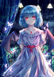  absurdres alternate_costume arms_behind_back backlighting bat_wings blue_dress blue_hair blush bow bug butterfly collarbone curtains dress female frilled_dress frills highres jewelry looking_at_viewer medium_hair necklace night night_sky no_headwear parted_lips red_bow red_eyes remilia_scarlet short_sleeves sky solo standing suzushina touhou white_butterfly wings 