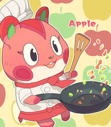  animal_crossing animal_ears apple_(animal_crossing) apple_print chef chef_hat cooking female frying_pan furry furry_female gizugazu hamster hamster_ears hamster_girl hat holding holding_frying_pan holding_spatula necktie open_mouth outline red_fur red_necktie smile solo spatula white_outline 