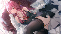  absurdres artist_name aru_(blue_archive) bare_shoulders black_dress black_thighhighs blue_archive blunt_bangs blush breasts brown_coat cleavage coat collarbone dress female fine_fabric_emphasis fur-trimmed_coat fur_trim garter_straps gloves halo highres horns kayjae long_hair looking_at_viewer low_neckline lying medium_breasts off_shoulder on_side open_clothes open_shirt orange_eyes parted_lips pillow pink_hair red_ribbon ribbon shirt smile solo thighhighs unworn_coat very_long_hair white_gloves white_shirt 