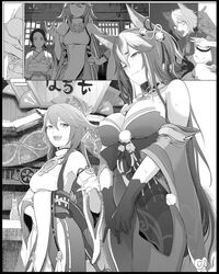  1boy 2girls animal_ears breast_padding breasts character_request commentary_request crossdressing dog_boy dog_ears dog_tail embarrassed fox_ears fox_girl fox_tail genshin_impact gloves gorou_(genshin_impact) greyscale hair_between_eyes hair_ornament highres hina_(genshin_impact) japanese_clothes kimono large_breasts long_hair monochrome multiple_girls nontraditional_miko open_mouth sweat syatey tail wavy_mouth yae_miko 