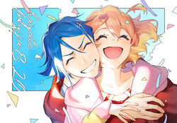  1boy ^_^ absurdres blonde_hair blue_hair blush closed_eyes colored_tips confetti couple dated female freyja_wion hair_between_eyes hair_ornament hairclip hayate_immelmann heart heart_hair_ornament highres hood hoodie hug hug_from_behind macross macross_delta mosako multicolored_hair open_mouth orange_hair pink_hoodie red_hoodie sailor_collar short_hair smile straight 