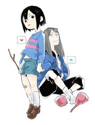  2girls asakusa_midori bad_id bad_twitter_id bandaid bandaid_on_knee bandaid_on_leg black_eyes black_hair blue_jacket clenched_teeth cosplay eizouken_ni_wa_te_wo_dasu_na! eyewear_on_head flower freckles frisk_(undertale) frisk_(undertale)_(cosplay) grey_hair heart holding inactive_account jacket kanamori_sayaka kiguchiko long_hair long_sleeves multiple_girls open_clothes open_jacket parted_lips pink_flower sans_(undertale) sans_(undertale)_(cosplay) shirt short_hair shorts simple_background sitting slippers socks spoken_heart stick striped_clothes striped_shirt teeth undertale white_socks 