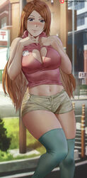  bleach blurry blurry_background blush breasts brown_hair building cleavage cleavage_cutout closed_mouth clothing_cutout female green_thighhighs grey_eyes highres inoue_orihime large_breasts long_hair looking_at_viewer midriff navel outdoors patreon_username pink_shirt shexyo shirt shorts sleeveless sleeveless_shirt smile solo standing thighhighs thighs yellow_shorts 