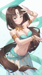  absurdres arm_up armlet armpits bad_id bad_pixiv_id bandeau bangle bare_shoulders blue_eyes blurry bracelet breasts brown_hair circlet cleavage closed_mouth collar dancer depth_of_field female green_bandeau green_nails harem_outfit highres jewelry large_breasts long_hair long_skirt looking_at_viewer low-tied_long_hair midriff nail_polish navel neil_(neil_nim) original parted_bangs skirt smile solo standing stomach strapless tube_top very_long_hair white_skirt 