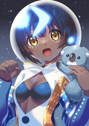  black_hair blue_hair bodysuit breasts brown_eyes cleavage_cutout clothing_cutout commentary_request dark-skinned_female dark_skin fate/grand_order fate_(series) female fishbowl_helmet glowing glowing_hair highres koala long_sleeves looking_at_viewer multicolored_hair night night_sky open_mouth ryofuhiko sky small_breasts smile solo star_(sky) starry_sky streaked_hair wandjina_(fate) wandjina_(fate)_(first_ascension)_(fate) white_bodysuit 