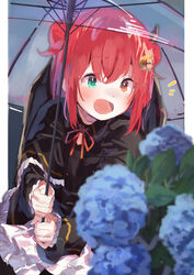  :d black_capelet black_dress black_wings blue_flower blurry blurry_foreground blush capelet commentary crescent crescent_hair_ornament demon_girl demon_horns demon_wings depth_of_field dress female flower frilled_dress frills hair_between_eyes hair_ornament highres holding holding_umbrella horns hydrangea lamb_(hitsujiniku) long_hair long_sleeves neck_ribbon nijisanji notice_lines open_mouth outdoors red_eyes red_hair red_ribbon ribbon smile solo transparent transparent_umbrella two-handed two_side_up umbrella virtual_youtuber wings yuzuki_roa yuzuki_roa_(1st_costume) 