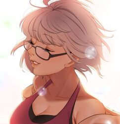  bare_shoulders breasts cleavage closed_eyes collarbone fate/grand_order fate_(series) female floating_hair glasses grey_hair highres hiyayaako jacques_de_molay_(foreigner)_(fate) large_breasts lips parted_lips short_hair smile white_background 