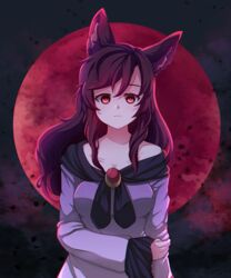  absurdres animal_ears breasts brooch brown_hair cleavage collarbone dress dungeon_toaster female full_moon highres imaizumi_kagerou jewelry large_breasts long_hair long_sleeves looking_at_viewer moon off-shoulder_dress off_shoulder outdoors red_eyes red_moon solo touhou white_dress wide_sleeves wolf_ears 