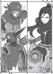  2boys animification apex_legends bandana breasts classic_revenant female hair_bun highres holding holding_knife hope&#039;s_dusk_(apex_legends) humanoid_robot knife looking_down medium_breasts monochrome multiple_boys nose_piercing one-eyed open_hand parted_lips pathfinder_(apex_legends) piercing rai_(scrambleriot) revenant_(apex_legends) robot scarf science_fiction scowl simulacrum_(titanfall) single_hair_bun spot_color wraith_(apex_legends) yellow_eyes 