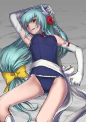  aqua_hair arm_up blue_one-piece_swimsuit bow breasts elbow_gloves fate/grand_order fate_(series) female flower gloves grin hair_flower hair_ornament hairbow hibiscus kiyohime_(fate) kiyohime_(swimsuit_lancer)_(fate) kiyohime_(swimsuit_lancer)_(second_ascension)_(fate) long_hair looking_at_viewer low-tied_long_hair lying medium_breasts on_back one-piece_swimsuit purutoppu_(toranohige) red_bow red_flower school_swimsuit smile solo swimsuit very_long_hair white_gloves yellow_bow yellow_eyes 