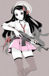  :o ak-47 alternate_costume assault_rifle bad_id bad_pixiv_id belt black_hair breasts choker cleavage collared_shirt demon_girl demon_horns demon_wings dress_shirt feet_out_of_frame female finger_on_trigger grey_background grey_hair grey_thighhighs gun halo heart_o-ring highres holding holding_gun holding_weapon horn_ornament horn_ribbon horns kalashnikov_rifle kamado_nezuko kanekiyo_miwa kimetsu_no_yaiba long_hair looking_at_viewer low_wings mini_wings miniskirt multicolored_hair necktie partially_colored pink_skirt pleated_skirt red_eyes red_necktie red_ribbon red_wings ribbon rifle shirt shirt_tucked_in simple_background skindentation skirt sleeves_rolled_up solo standing thighhighs two-tone_hair very_long_hair weapon white_shirt wings zettai_ryouiki 