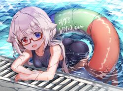  absurdres ahoge animal_ears blue_eyes commentary_request commission female glasses heterochromia highres kagami_(haret46) open_mouth original pool red_eyes school_swimsuit skeb_commission smile swimsuit twintails water white_hair yukino_ko_(yukino_shiratama) 