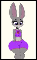  absurd_res anthro black_border border bottomwear bra buckteeth clothing disney english_text female flat_chested grey_body hi_res huge_hips huge_thighs judy_hopps lagomorph leporid mammal navel neom-daddy purple_eyes rabbit shorts solo sports_bra teeth text text_on_bra text_on_clothing text_on_sports_bra text_on_underwear thick_thighs underwear wide_hips zootopia 