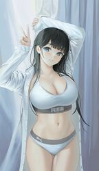  absurdres arms_up ass_visible_through_thighs black_hair blue_eyes blunt_bangs breasts cleavage collared_shirt cowboy_shot curtain_grab curtains dress_shirt female highres large_breasts light_blush long_hair looking_at_viewer messy_hair midriff mole mole_on_breast mole_on_neck mole_under_eye mole_under_mouth myabit navel open_clothes open_shirt original panties parted_lips puma_(brand) shirt smile solo sports_bra standing thigh_gap thighs underwear v white_panties white_shirt white_sports_bra 