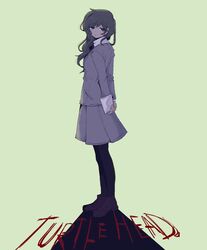  black_eyes black_hair black_legwear blazer copyright_name dark_skin envelope female gomiisan harriet_lily highres jacket long_hair looking_back necktie pleated_skirt school_uniform skirt turtle_head 