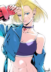  abs absurdres arm_up artist_name blonde_hair blue_eyes breasts cammy_white choker cleavage closed_mouth commentary female hair_between_eyes highres jacket looking_at_viewer muscular muscular_female navel open_clothes open_jacket scar scar_on_cheek scar_on_face short_hair signature simple_background solo street_fighter street_fighter_6 strikebeagle upper_body white_background 