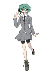  bike_shorts bike_shorts_under_skirt black_ribbon black_shorts blazer brown_eyes concept_art emma_hawkins female gomiisan green_hair hair_ribbon highres jacket necktie pleated_skirt ribbon school_uniform shorts shorts_under_skirt skirt smile solo turtle_head 