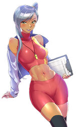  bike_shorts breasts clipboard code_geass collarbone crop_top dark-skinned_female dark_skin female grey_hair high_ponytail highres impossible_clothes kilesha large_breasts leaning lipstick long_hair long_sleeves makeup midriff navel off_shoulder simple_background solo swept_bangs turtleneck villetta_nu whistle whistle_around_neck white_background yellow_eyes 