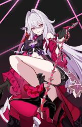  absurdres black_background black_bow black_bowtie black_gloves black_shorts bow bowtie commentary_request female from_below gloves gokusaishiki_(1376145360) grin hair_intakes high_heels highres holding holding_whip honkai_(series) honkai_impact_3rd long_hair looking_at_viewer parted_bangs purple_eyes short_shorts shorts simple_background smile solo thelema_nutriscu thelema_nutriscu_(mad_pleasure:_shadowbringer) very_long_hair white_hair 