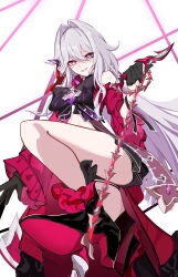  absurdres black_bow black_bowtie black_gloves black_shorts bow bowtie commentary_request female from_below gloves gokusaishiki_(1376145360) grin hair_intakes high_heels highres holding holding_whip honkai_(series) honkai_impact_3rd long_hair looking_at_viewer parted_bangs purple_eyes short_shorts shorts simple_background smile solo thelema_nutriscu thelema_nutriscu_(mad_pleasure:_shadowbringer) very_long_hair white_background white_hair 