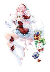 absurdres belt belt_buckle beret black_belt black_ribbon boots bow bowtie box breasts buckle cape checkered_cape checkered_clothes christmas christmas_present cleavage detached_sleeves dress female first_stage_production fur-trimmed_dress fur_trim gift gift_box hair_between_eyes hair_ornament hat hazuki_yuzuru highres holding holding_sack holly large_breasts layered_dress long_fall_boots long_sleeves mascot miniskirt one_eye_closed pink_eyes pink_ribbon plaid_clothes plaid_dress plaid_skirt red_cape red_dress ribbon ryugahama_yue sack santa_cape santa_costume santa_dress sea_angel sideboob skirt smile star_(symbol) star_hair_ornament strapless strapless_dress virtual_youtuber waist_ribbon white_background white_boots white_hat 