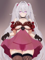  absurdres ani_(xai) ani_(xai)_(cosplay) aquamarine725 asymmetrical_legwear babydoll bare_shoulders black_choker black_gloves black_thighhighs bra breasts choker commentary_request cosplay detached_sleeves female fishnet_thighhighs fishnets gloves grey_background grey_hair highres honkai_(series) honkai_impact_3rd large_breasts long_hair mismatched_legwear panties purple_eyes red_bra red_panties see-through_babydoll see-through_clothes short_sleeves simple_background solo thelema_nutriscu thighhighs thighs twintails underboob underwear very_long_hair xai_(company) 