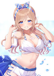  bare_shoulders blue_eyes blue_hairband blue_ribbon blush breasts brown_hair cleavage commentary_request detached_sleeves female gakuen_idolmaster grin hairband highres himesaki_rinami idolmaster jewelry kimi_to_semi_blue_(idolmaster) long_hair looking_at_viewer medium_breasts navel necklace ribbon sakura_ran shirt short_sleeves shorts smile solo waist_ribbon white_shirt white_shorts 