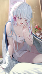  ;o absurdres arm_support blunt_bangs blunt_tresses blush boyshort_panties breasts chest_sarashi cleavage collarbone female flower_knot genshin_impact grey_hair hair_down hair_ribbon hand_to_own_mouth hanging_scroll highres indoors japanese_clothes kamisato_ayaka kimono lace-trimmed_panties lace_trim medium_breasts messy_hair mole mole_under_eye navel one_eye_closed open_clothes open_kimono open_mouth panties ribbon sarashi sazanami_(re_n_rentaro) scroll signature sitting sleepy solo squeans stomach tress_ribbon underwear undone_sarashi watermark white_kimono white_panties yawning yokozuwari 