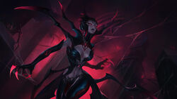  absurdres arthropod_girl black_hair black_lips breasts bug claws cleavage colored_skin cowboy_shot elise_(league_of_legends) english_commentary eyelashes female fog glowing glowing_eyes grey_skin highres large_breasts league_of_legends lipstick looking_ahead makeup navel outdoors pillar qi_mang_(qimang) red_eyes short_hair silk solo spider spider_girl spider_web stomach thighs 