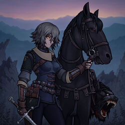  1boy absurdres armor black_hair black_horse blank_eyes breastplate brown_eyes commentary commission dusk fantasy female fingerless_gloves flamberge genderswap_(mtf) geralt_of_rivia gloves grey_hair highres holding holding_reins holding_sword holding_weapon horse jacket leather leather_armor leather_gloves leather_jacket long_sword looking_at_viewer medieval mountain open_mouth pointy_ears pouch reins roach_(witcher) rule_63 severed_head sharp_teeth short_hair slit_pupils soulless_sketch studded_gloves sunset sword teeth the_witcher_(series) the_witcher_3 weapon werewolf yellow_eyes 