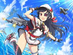  adjusting_clothes adjusting_headwear aircraft airplane anchor_ornament animal anti-aircraft_gun bare_shoulders battle battleship belt belt_buckle bird black_bow black_gloves black_hair black_leotard black_ribbon black_thighhighs blue_sky blunt_bangs blush bow braid buckle buttons cannon cloud cloudy_sky contrail double-breasted explosion eyepatch female fighter_jet fire firing firing_at_viewer flat_chest frills gloves gun hairbow hat highleg highleg_leotard highres jet leotard long_hair looking_at_viewer machine_gun machinery mecha_musume medal military military_vehicle miniskirt mirai_(senran_kagura) mountain mountainous_horizon ocean oerba_yun_fang official_alternate_costume official_art open_mouth pleated_skirt radar rainbow red_belt red_eyes ribbon rigging seagull senran_kagura senran_kagura_new_link senran_kagura_shoujo-tachi_no_shin&#039;ei shiny_skin ship side_braid sidelocks simple_background skirt sky sleeveless smile smoke solo splashing star_(symbol) striped striped_ribbon studded_belt sunlight thigh_strap thighhighs thighs tomoe_(symbol) turret twin_braids warship water water_drop watercraft weapon white_footwear white_hat white_skirt wrist_cuffs yaegashi_nan zettai_ryouiki 