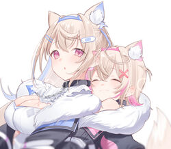  2girls ^_^ animal_ears bandaid bandaid_hair_ornament black_collar black_jacket blonde_hair blue_hair blue_hairband breasts cleavage closed_eyes closed_mouth collar commentary dog_ears dog_girl dog_tail dress fur-trimmed_jacket fur_trim fuwawa_abyssgard fuwawa_abyssgard_(1st_costume) hair_ornament hairband hairpin highres hololive hololive_english hug hug_from_behind jacket kanae_(inorin05kanae) md5_mismatch medium_breasts mococo_abyssgard mococo_abyssgard_(1st_costume) multicolored_hair multiple_girls pink_hair pink_hairband resolution_mismatch short_hair siblings simple_background sisters smile streaked_hair tail twins upper_body virtual_youtuber white_background white_dress x_hair_ornament 