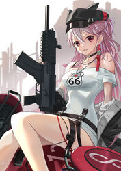  ammo21204760 black_jacket black_nails breasts cleavage feet_out_of_frame female fo-12_(girls&#039;_frontline) fostech_origin_12 girls&#039;_frontline gun jacket jewelry long_hair medium_breasts necklace off-shoulder_shirt off_shoulder pink_hair red_eyes route_66 shirt shotgun weapon white_shirt 