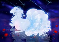  2023 3_toes 9_tails alolan_form alolan_ninetales belly big_belly black_kitty blue_body blue_eyes blue_fur blue_pawpads blush canid canine digital_drawing_(artwork) digital_media_(artwork) eyebrows eyelashes feet female feral floating_on_water flower fluffy fluffy_tail fur generation_7_pokemon hair hi_res inner_ear_fluff iridescent long_hair long_tail looking_at_belly looking_at_self lumi_(stormthehusky) lying mammal multi_tail multicolored_body multicolored_fur night nintendo on_front pawpads paws petals plant pokemon pokemon_(species) pregnant pregnant_female pregnant_feral red_flower reflection regional_form_(pokemon) ripples rose_(flower) shooting_star sky smile solo star starry_sky tail toes tuft water white_body white_fur 