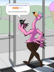  2023 3:4 3_toes 5_fingers anthro ass avian beak big_butt bird blue_highlights cellphone closed_eyes dracojeff electronics english_text feather_hands feathers feet female fingers flamingo hair highlights_(coloring) holding_cellphone holding_object holding_phone holding_smartphone long_neck nude phone pink_body pink_feathers pink_hair smartphone solo text toes walking 