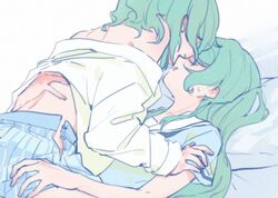  2girls aqua_hair bang_dream! bed_sheet blue_shirt blue_skirt commentary hanasakigawa_school_uniform hand_on_another&#039;s_arm hand_on_another&#039;s_back hand_on_another&#039;s_thigh hand_under_clothes haneoka_school_uniform hikawa_hina hikawa_sayo incest long_hair loose_clothes loose_shirt loose_skirt milk_puppy multiple_girls plaid plaid_skirt sailor_collar school_uniform shirt short_hair siblings sisters skirt symbol-only_commentary twincest twins unfastened white_sailor_collar white_shirt yuri 