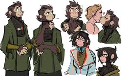  2023 anthro ape ari_(pota) black_body black_fur blush brown_body brown_fur chimpanzee clothing coat dr._zira_(pota) female female_on_human flustered fur george_taylor_(pota) guoh haplorhine heart_symbol human human_on_anthro interspecies kissing male male/female male_on_anthro mammal pan_(genus) planet_of_the_apes primate topwear 