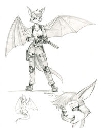  2023 anthro baron_engel bat belt bottomwear breasts cleavage clothed clothing dust:_an_elysian_tail elbow_pads eyebrows female fidget_(elysian_tail) fingerless_gloves fur gloves graphite_(artwork) gun hair handgun handwear hi_res knee_pads looking_at_viewer mammal membrane_(anatomy) membranous_wings nimbat open_mouth operator pants pencil_(artwork) pistol ranged_weapon shirt silencer solo tank_top topwear traditional_media_(artwork) veiny_wings weapon wings 