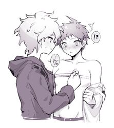  !? 2boys absurdres ahoge amido_(compassion273) blush bust_measuring cropped_torso danganronpa_(series) danganronpa_2:_goodbye_despair greyscale groin highres hinata_hajime hood hood_down hooded_jacket implied_yaoi jacket komaeda_nagito long_sleeves male_focus measuring monochrome multiple_boys navel parted_lips profile short_hair speech_bubble tape_measure teeth undressing 