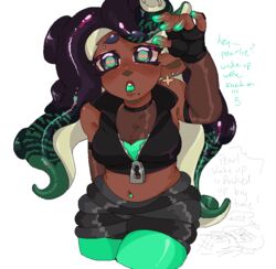  2girls animal_ears armpit_crease black_hair breasts cleavage commentary crop_top cropped_legs cropped_vest dark-skinned_female dark_skin english_text eyebrow_piercing eyebrows_hidden_by_hair fingerless_gloves gloves green_eyes green_hair inkling large_breasts marina_(splatoon) microsoft_paint_(medium) midriff mole mole_under_mouth multiple_girls navel navel_piercing octoling pcktknife pearl_(splatoon) piercing see-through see-through_shirt shirt simple_background splatoon_(series) splatoon_2 tentacle_hair very_dark_skin vest white_background 