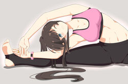  absurdres aqua_eyes arms_up assault_lily bare_arms bare_shoulders black_pants blush breasts brown_hair cleavage closed_mouth collarbone commentary_request exercising female flexible grey_background hair_spread_out high_ponytail highres jewelry large_breasts leaning_to_the_side long_hair looking_at_viewer midriff navel no_shoes official_alternate_costume one_eye_closed pants pink_sports_bra ponytail ring senri_(senri03151221) serizawa_chikaru sidelocks simple_background sitting solo split sports_bra stirrup_legwear stomach stretching toeless_legwear v-shaped_eyebrows wristband yoga_pants 