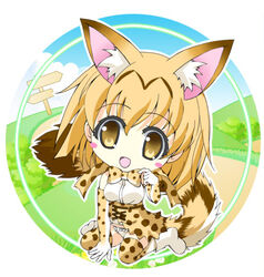  animal_ears blush_stickers bow breasts brown_eyes cat_ears cat_girl cat_tail chibi commentary_request elbow_gloves female gloves kemono_friends light_brown_hair lowres medium_breasts medium_hair microskirt open_mouth panties polka_dot polka_dot_bow polka_dot_legwear seiza serval_(kemono_friends) sign sitting skirt smile solo tail underwear white_panties yamamoto_kazue 