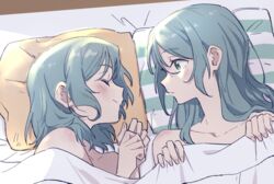  2girls akni aqua_hair bang_dream! bed_sheet closed_eyes green_eyes hikawa_hina hikawa_sayo incest light_rays long_hair looking_at_another multiple_girls naked_sheet pillow short_hair siblings sisters smile twincest twins yuri 