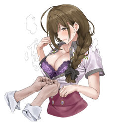  1boy ahoge bad_id bad_pixiv_id blush bra braid braided_ponytail breasts brown_eyes brown_hair cleavage collarbone commentary_request female hair_over_shoulder hair_ribbon hamedoragon huge_ahoge idolmaster idolmaster_shiny_colors kuwayama_chiyuki lace lace-trimmed_bra lace_trim large_breasts long_braid long_hair looking_down open_clothes open_mouth open_shirt partially_unbuttoned purple_bra red_skirt ribbon shirt short_sleeves single_braid skirt solo_focus sweat unbuttoned unbuttoned_shirt underwear white_shirt wing_collar 