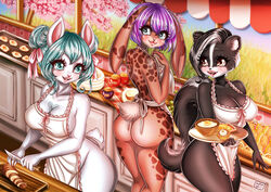  anglish anthro apron apron_only baby_the_bunny black_body black_fur black_hair blue_body blue_eyes blue_fur blue_hair brown_body brown_fur clothing exhibitionism female food fur group hair lagomorph leporid mammal mephitid public purple_hair rabbit restaurant skunk trio white_body white_fur 