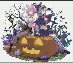  2girls absurdres animal_ear_fluff animal_ears antenna_hair bandaged_arm bandaged_leg bandages bat_(animal) black_footwear black_hair black_pantyhose black_shorts braid breasts capelet chain_hairband chains claw_pose cleavage cleavage_cutout clothing_cutout cosplay grey_hair grey_shirt grey_thighhighs hair_ornament hakui_koyori halloween hat high_heels highres hololive jack-o&#039;-lantern large_breasts long_(haruki-7) long_hair long_sleeves looking_at_viewer medium_hair miniskirt multicolored_hair multiple_girls murasaki_shion murasaki_shion_(1st_costume) murasaki_shion_(cosplay) pantyhose pink_hair purple_capelet purple_eyes purple_skirt red_eyes sakamata_chloe shirt shoes shorts single_braid skirt star_(symbol) star_hair_ornament streaked_hair striped_clothes striped_shirt striped_thighhighs tail thighhighs vertical-striped_clothes vertical-striped_shirt vertical-striped_thighhighs virtual_youtuber witch_hat wolf_ears wolf_girl wolf_tail x_hair_ornament 