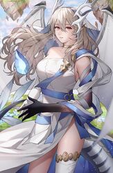  ai_tkkm commentary_request corrin_(female)_(adrift)_(fire_emblem) corrin_(female)_(fire_emblem) corrin_(fire_emblem) crystal detached_sleeves dragon_girl dragon_horns dragon_tail dragon_wings dress female fire_emblem fire_emblem_fates fire_emblem_heroes floating_island grey_hair highres horns looking_at_viewer official_alternate_costume own_hands_together pointy_ears ribbon side_slit single-shoulder_dress single_detached_sleeve single_thighhigh solo tail thighhighs white_thighhighs wings 